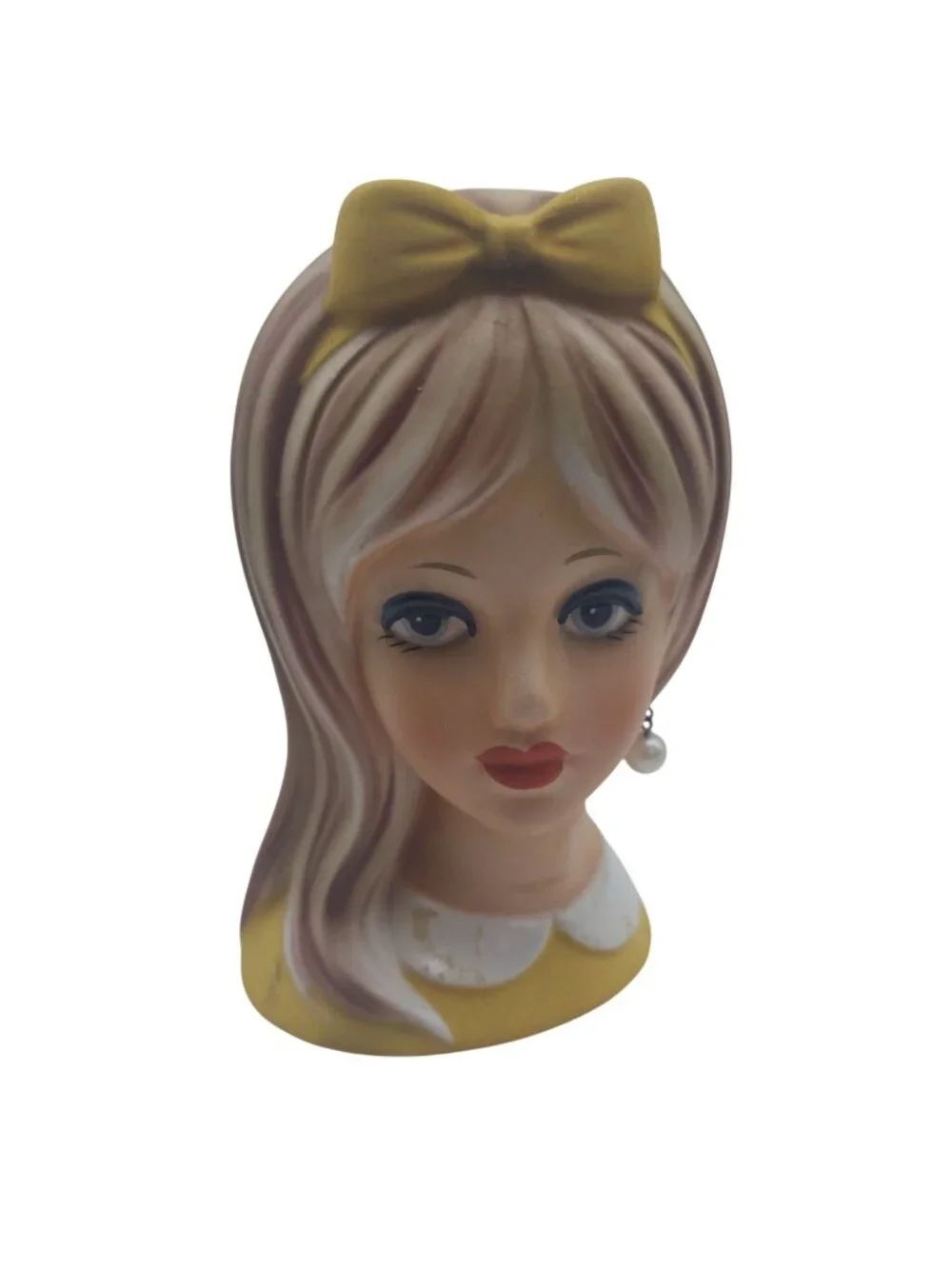 Napcoware Head Vase Lady Teen Ceramic Blonde Yellow Bow Pearl Earring MCM C8493